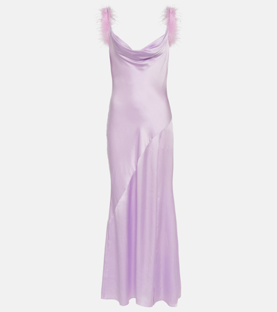 Shop Self-portrait Feather-trimmed Silk Gown In Purple