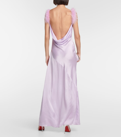 Shop Self-portrait Feather-trimmed Silk Gown In Purple