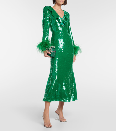 Shop Self-portrait Feather-trimmed Sequined Midi Dress In Green