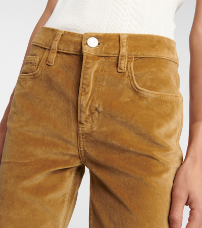 Shop Frame High-rise Velvet-trimmed Bootcut Jeans In Beige