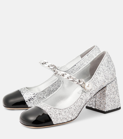 Miu Miu Glitter Mary Jane Pumps In Silver