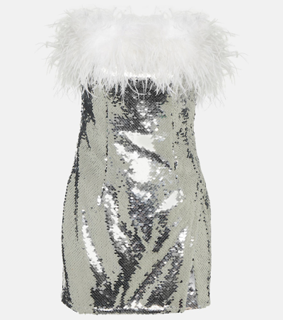 Shop Self-portrait Feather-trimmed Sequined Minidress In Silver