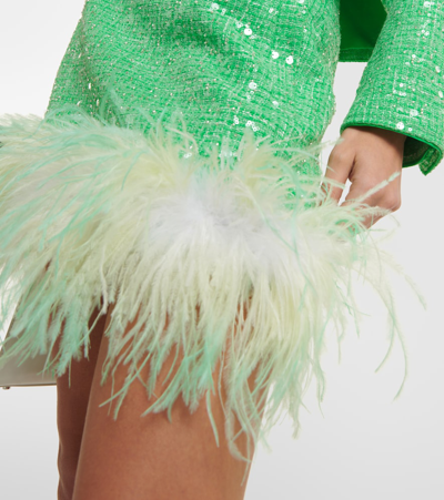 Shop Self-portrait Feather-trimmed Sequined Bouclé Miniskirt In Green