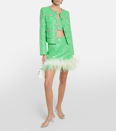 Shop Self-portrait Feather-trimmed Sequined Bouclé Miniskirt In Green