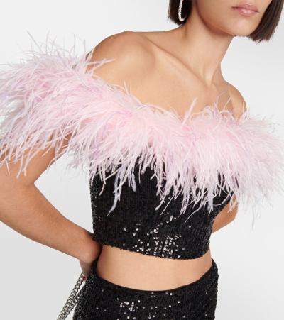 Shop Self-portrait Feather-trimmed Sequined Crop Top In Multicoloured