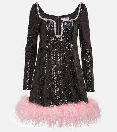 Shop Self-portrait Feather-trimmed Sequined Minidress In Black