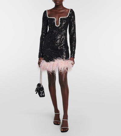 Shop Self-portrait Feather-trimmed Sequined Minidress In Black