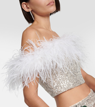 Shop Self-portrait Sequined Feather-trimmed Crop Top In Silver