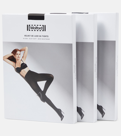 Shop Wolford Velvet De Luxe 66 Set Of 3 Tights In Black