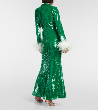 Shop Self-portrait Sequined Feather-trimmed Gown In Green