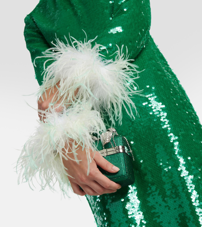 Shop Self-portrait Sequined Feather-trimmed Gown In Green