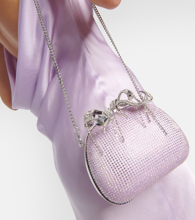 Shop Self-portrait The Bow Embellished Satin Clutch In Purple