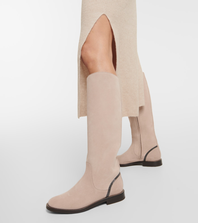 Brunello Cucinelli Embellished Suede Knee-high Boots In Pink