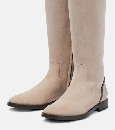 Shop Brunello Cucinelli Embellished Suede Knee-high Boots In Pink