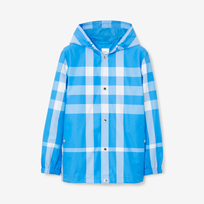 Shop Burberry Check Nylon Hooded Jacket In Vivid Blue