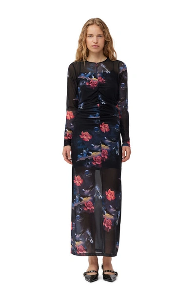 Ganni Printed Mesh O-neck Ruched Long Dress In Black