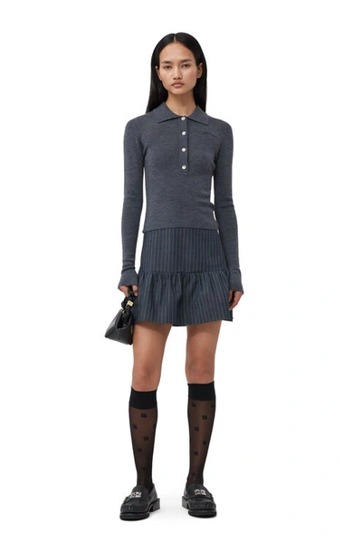 Shop Ganni Stretch Striped Flounce Mini Skirt In Gray Pinstripe
