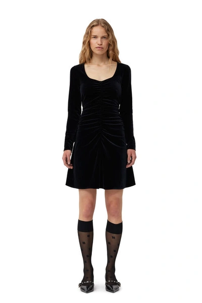Shop Ganni Velvet Jersey Mini Dress In Black