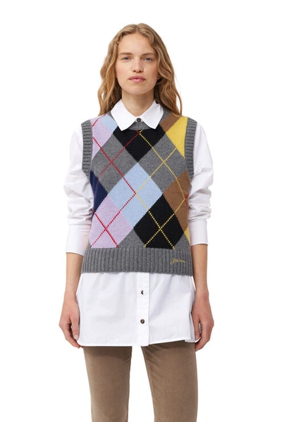 Shop Ganni Harlequin Wool Mix Knit Vest In Frost Gray
