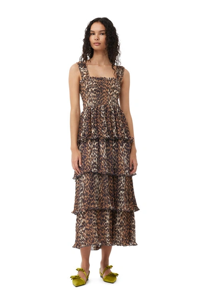 Shop Ganni Almond Milk Leopard Pleated Georgette Flounce Smock Midi Dress Size 14 Recycled Polyester Women's