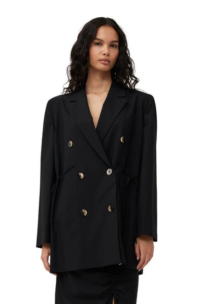 Ganni Oversized String-tie Double-breasted Blazer In Black