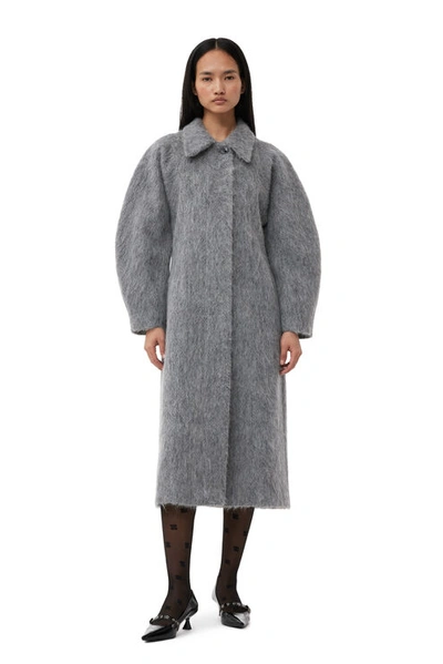 Shop Ganni Grey Fluffy Wool Curved Sleeves Coat In Frost Gray