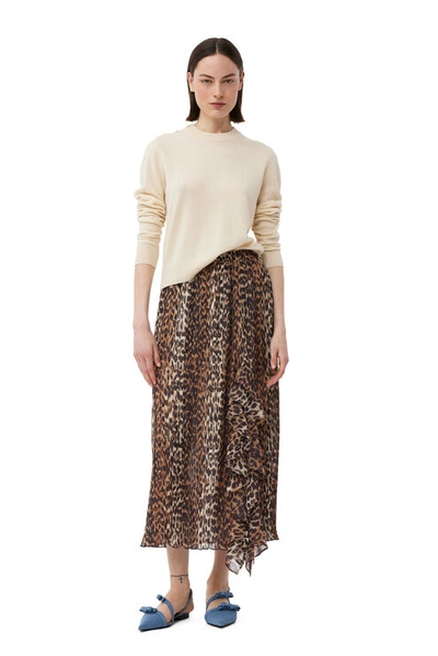Ganni Leopard Pleated Georgette Midi Flounce Skirt In Almond Milk