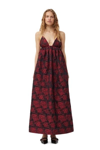 Shop Ganni High Risk Red Botanical Jacquard Long Strap Dress Size 16 Women's