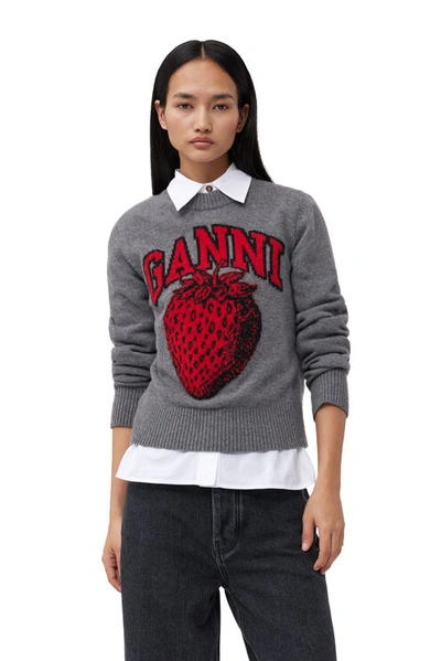 Shop Ganni Graphic Strawberry O-neck Pullover In Frost Gray
