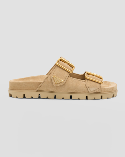 Shop Prada Suede Double-buckle Slide Sandals In Ecru