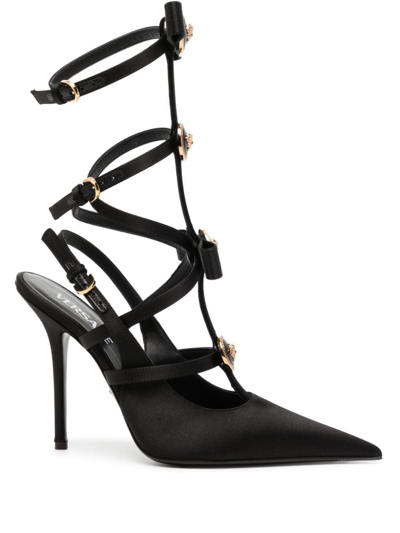 Shop Versace Gianni Ribbon Caged Satin Pumps In Nero