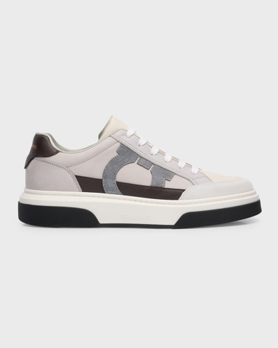 Shop Ferragamo Men's Cassina Gancini Leather Low-top Sneakers In Bianco 511