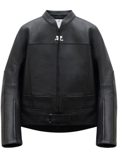 Shop Courrèges Leather Bomber Jacket In Black