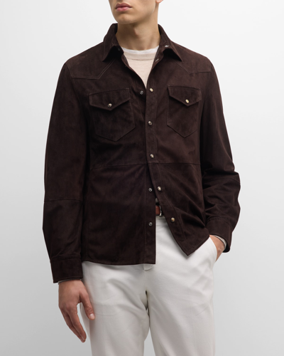 Shop Brunello Cucinelli Men's Suede Shirt Jacket In C8852 Dark Brown