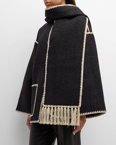 Shop Totême Embroidered Fringe Contrast-trim Scarf Wool Jacket In Medium Grey