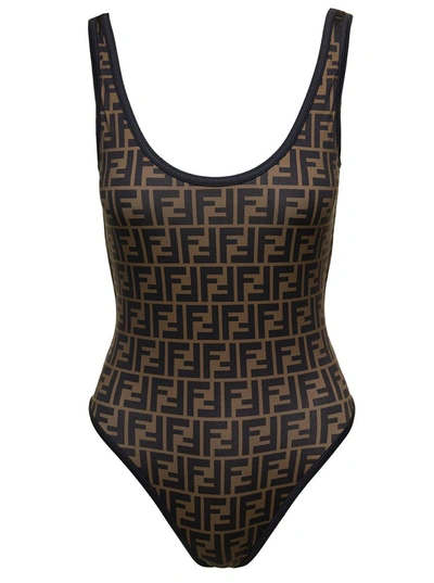 Shop Fendi Woman's One-piece  In Lycra With All-over Ff Motif Black Swimsuit In Brown