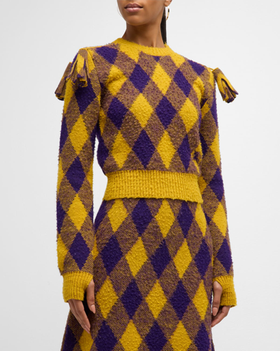 Shop Burberry Ekd Check Knit Tassel-shoulder Crop Sweater In Pear Ip Pattern