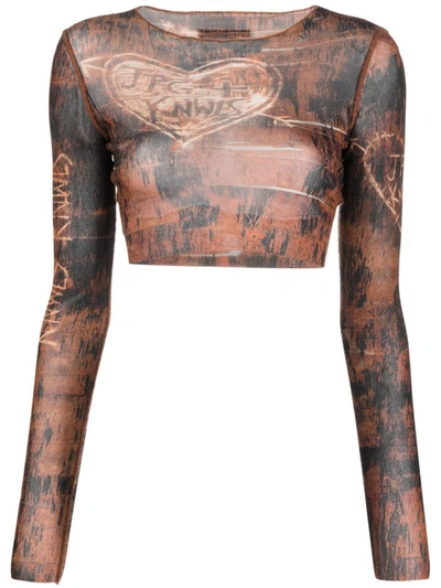 Shop Jean Paul Gaultier Cropped Top With Print In Brown