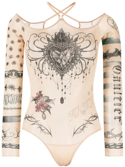 Shop Jean Paul Gaultier Trompe L'oeil Tattoo Print Bodysuit In Beige