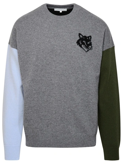 Shop Maison Kitsuné 'fox Head' Grey Wool Sweater