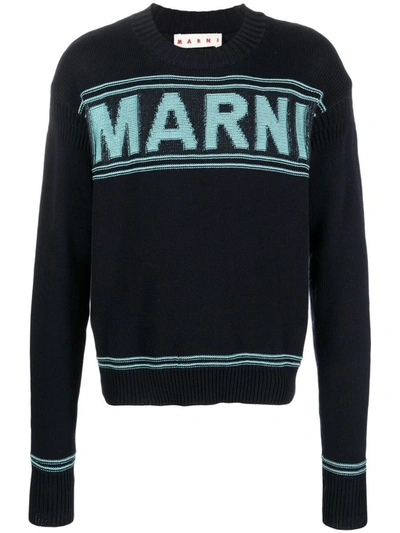 Shop Marni Logo Roundneck Sweater In Blue