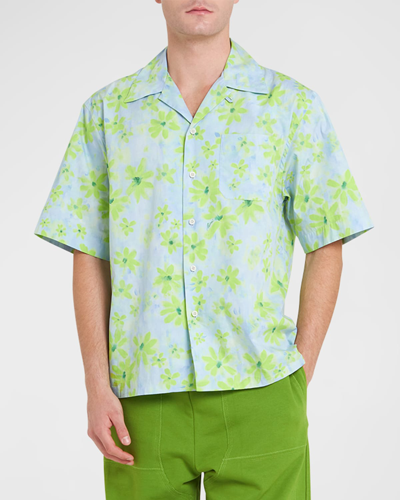 Shop Marni Men's Acid Floral Camp Shirt In Aqua
