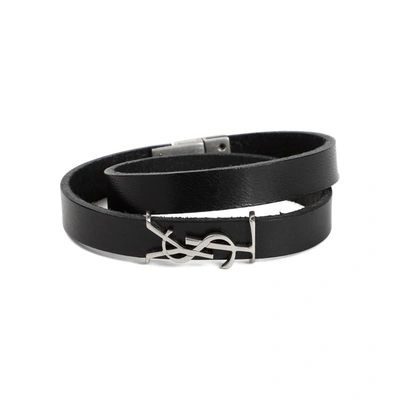 Shop Saint Laurent Leather Ysl Bracelet Jewellery In Black