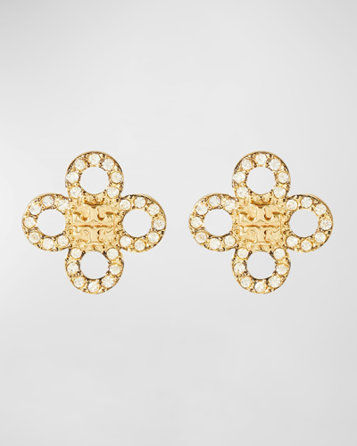 Shop Tory Burch Small Kira Clover Pave Stud Earrings In Tory Gold Crysta