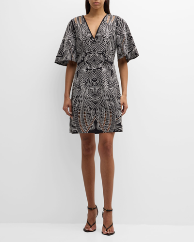 Shop Figue Aspley Embroidered V-neck Short-sleeve Mini Dress In Black