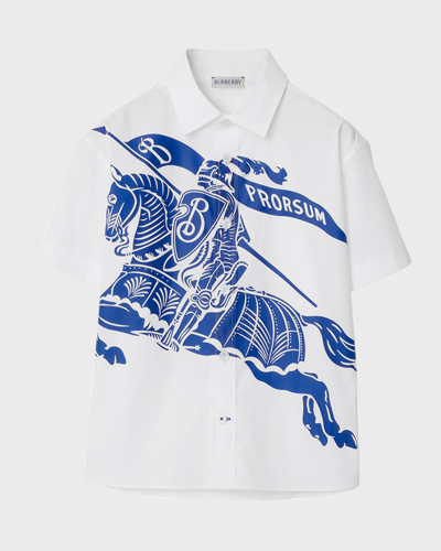 Shop Burberry Boy's Devon Ekd Knight Printed Short-sleeve Shirt In White