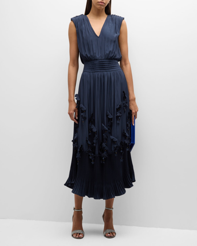 Shop Ramy Brook Jacqueline Pleated Floral Applique Midi Dress In Navy