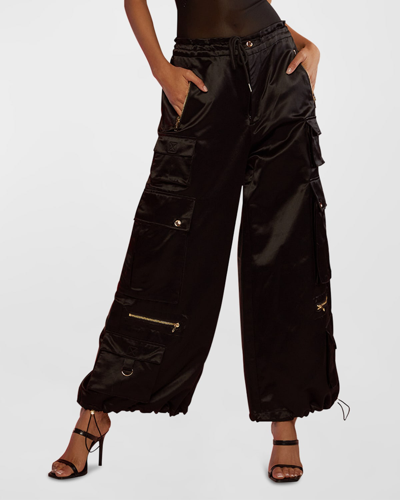 Shop Cynthia Rowley Satin Wide-leg Cargo Pants In Black