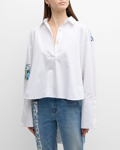 Shop Hellessy Myles Sequin Panel High-low Collared Shirt In Ecru/leaf Print