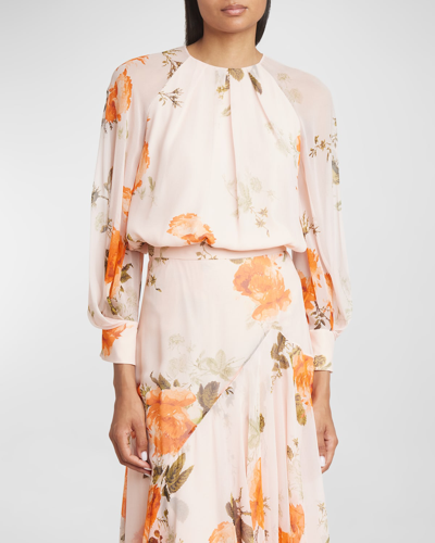 Shop Erdem Floral-print Gathered Long-sleeve Chiffon Blouse In Shell Pink